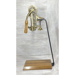 Estate Mounted Corkscrew Wine Opener Stand Brass Wood Handle Vintage Bar